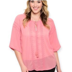 Boho Pink Tassel Tie Neck Short Sleeve Embroidery Lightweight Peasant Top NEW